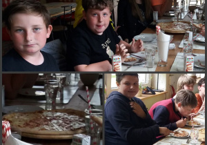 uczniowie klas 5b i 5c jedzą pizzę w pizzerii